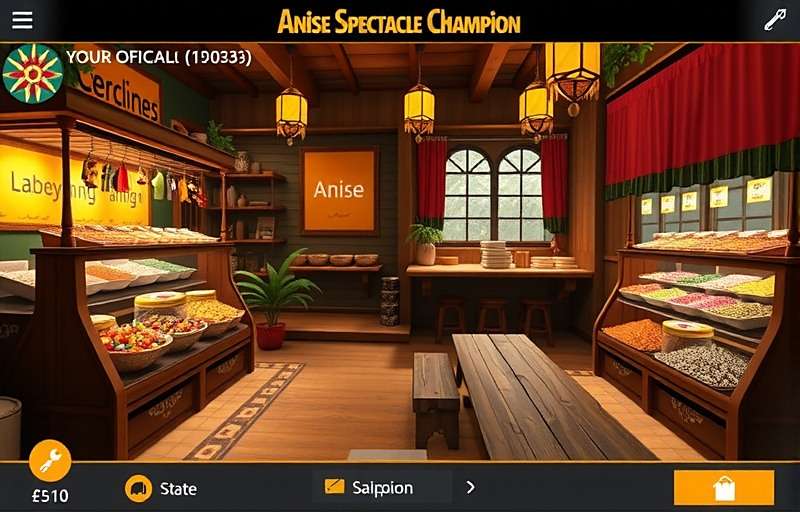 Anise Spectacle Champion gameplay showing a virtual Indian marketplace with various spice stalls